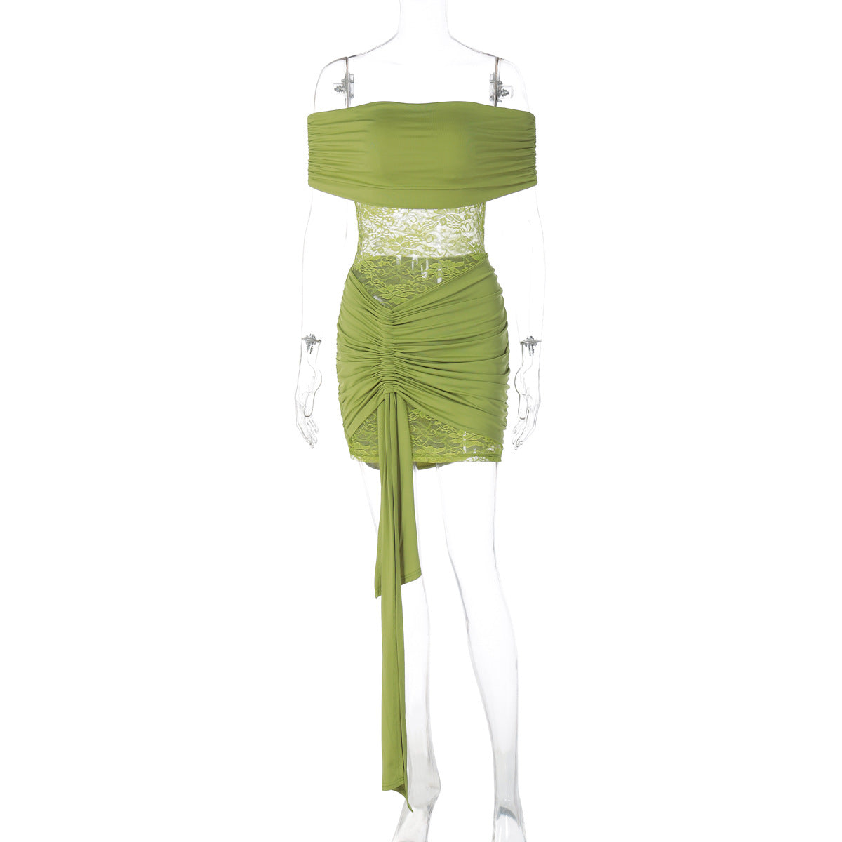 Vestido de renda bestseller europeu e americano, patchwork sexy sem alças com ombros descobertos, saia curta transparente com alças justas para mulheres