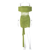 Vestido de renda bestseller europeu e americano, patchwork sexy sem alças com ombros descobertos, saia curta transparente com alças justas para mulheres