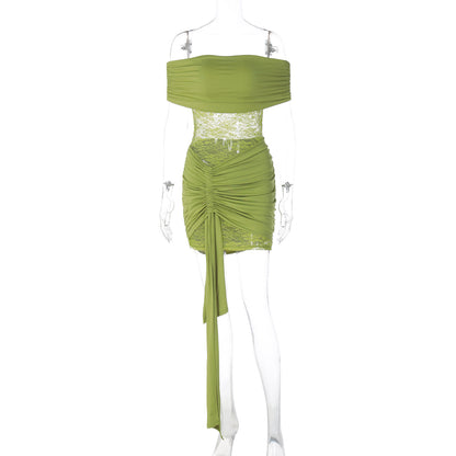 Vestido de renda bestseller europeu e americano, patchwork sexy sem alças com ombros descobertos, saia curta transparente com alças justas para mulheres
