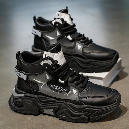 Sapatos masculinos de cano alto 2025 nova marca de outono na moda, ténis desportivos casuais versáteis, ténis brancos de pai com sola grossa e aumento de altura