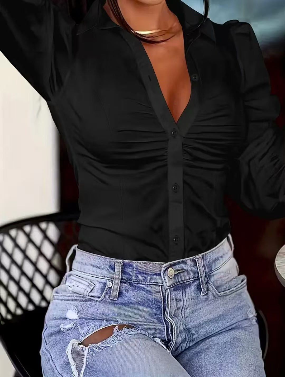 Moda feminina transfronteiriça europeia e americana e estilo casual elegante, lapela, plissada, slim-fit, de cor sólida