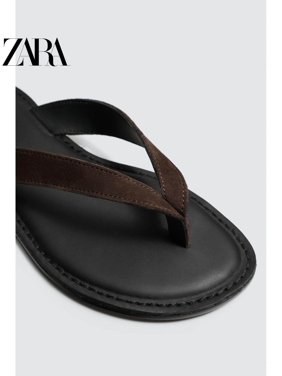 ZARA Coleção Primavera/Verão 2026 - Novos Sapatos Masculinos: Chinelos Rasteiros de Couro com Tiras e Blocos de Cores 2753720 721