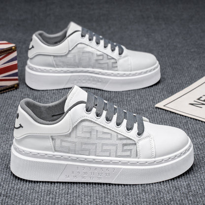 Novos sapatos brancos ocos e respiráveis para o verão masculino, ténis desportivos casuais modernos e versáteis de sola grossa para estudantes