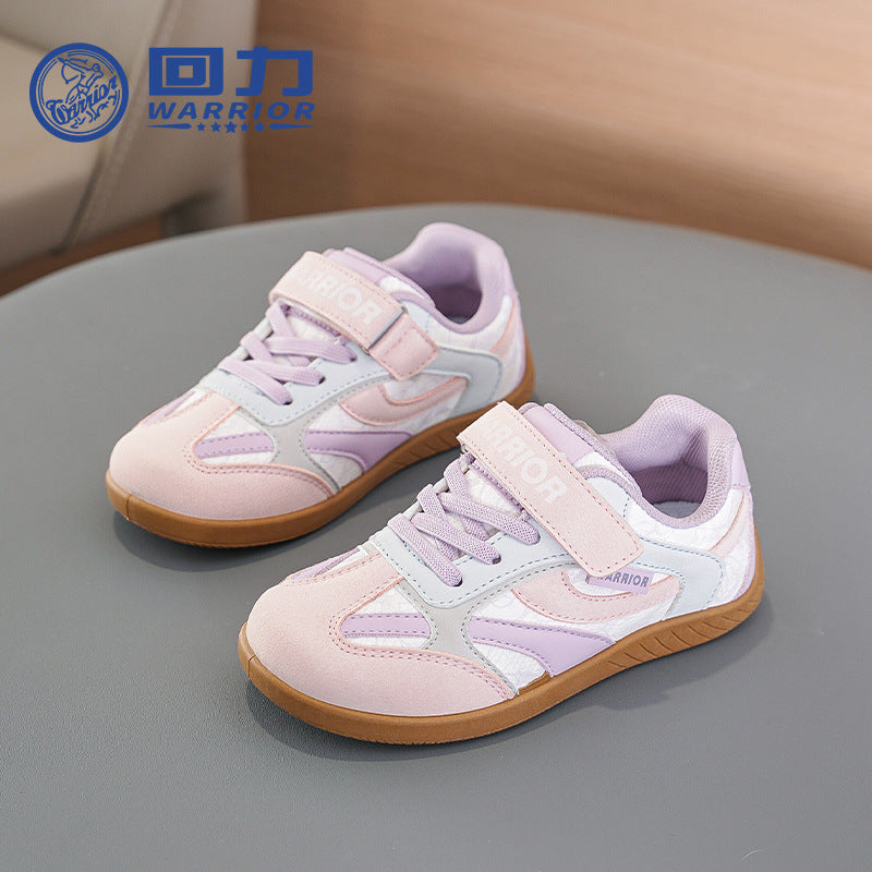 Sapatos infantis Warrior color-block Velcro, novos sapatos de treino moral para raparigas da primavera, ténis desportivos leves de sola fina, sapatos casuais versáteis