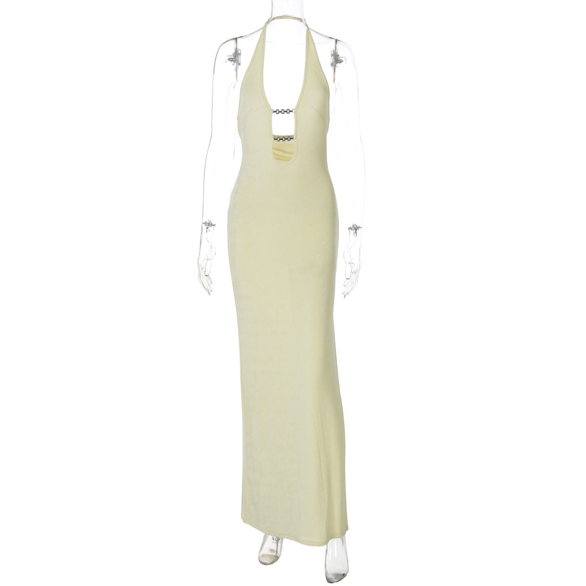 Vestido de corte slim top top de verão europeu e americano para mulheres com corrente de ferro oco e design de corte slim