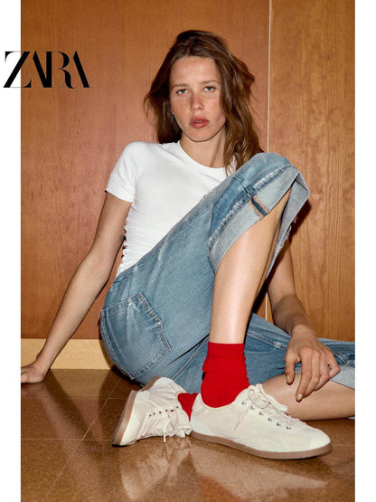 ZARA 2026 Verão Novo Sapatos Femininos Color Block Esportivos com Cadarço Sapatos Rasteiros Leves 5436710 001