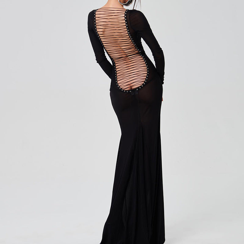 Vestido feminino novo e sexy de verão de malha sem costas, de manga comprida extra-longa, ao estilo europeu e americano, para mulheres