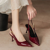 Sandálias de salto alto bordô para mulheres, sapatos de bico meio fechado com bico e ponta aguda, sapatos estilo Chanel, sandálias de moda feminina