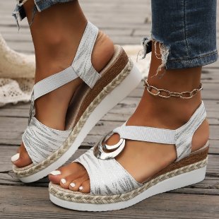 Sandálias femininas plus size europeias e americanas da Amazon WISH, decoração com fivela metálica, salto cunha de corda de cânhamo, sandálias leves com sola e bico de peixe