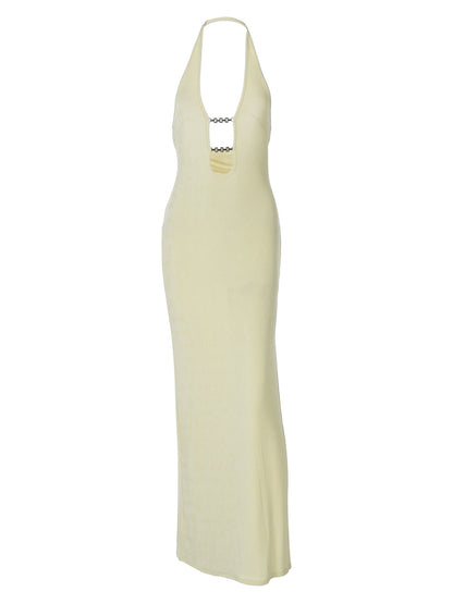 Vestido de corte slim top top de verão europeu e americano para mulheres com corrente de ferro oco e design de corte slim