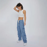 Amazon Independent Site 2025 Primavera Novas Calças de Trabalho Lavadas de Rua Jeans de Mulher com Múltiplos Bolsos de Perna Larga com Atacadores