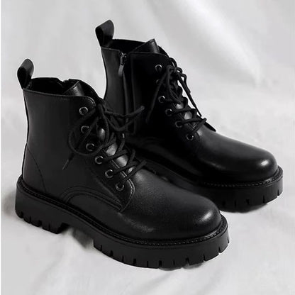 Botas Martin com fecho lateral para o outono, botas de motociclismo pretas pretas de estilo britânico de cano alto e alta, botas de passeio de corte médio