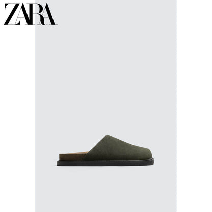 ZARA 2026 Primavera/Verão Sapatos Masculinos, Acabamento em Camurça, Bico Redondo, Sola Grossa, Tamancos de Couro, 2770620 512