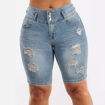 Calções de ganga rasgados de cintura alta para mulheres, novas calças quarter top slim-fit, elásticas e americanas de 2025, em stock