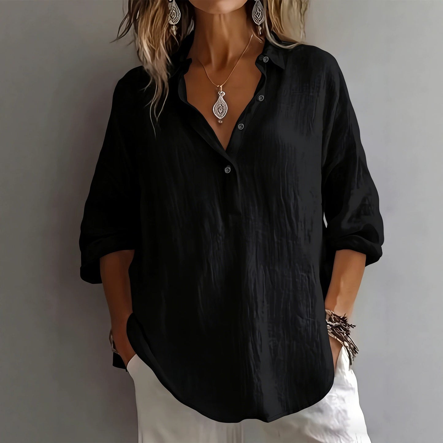 Camisa feminina elegante, europeia e americana, com textura de lapela transfronteiriça, com corte largo para esconder a pele e amagar o corpo, perfeita para as deslocações diárias