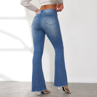Vendas diretas de fábrica 2025 Europa e América exportação transfronteiriça jeans de cintura alta rasgados ligeiramente alargados, calças slim-fit elegantes para mulher