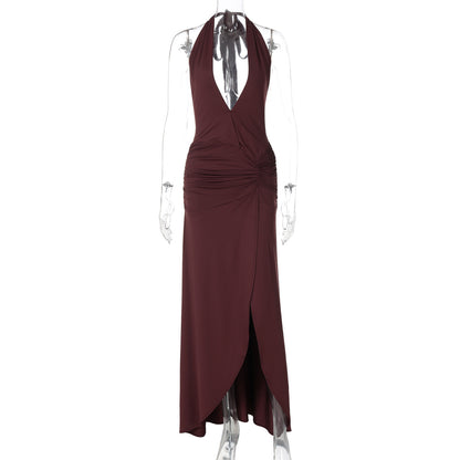 Vestido estreito, fenda longa, com fenda longa, bestseller da Amazon, bestseller transfronteiriço da Amazon, novo vestido sexy em V profundo, sem mangas e oco, de cor sólida