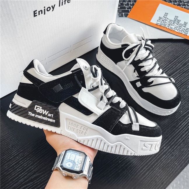 Sapatilhas de skate de verão para homens, panda preto e branco, marcas americanas ultra-leves de sola grossa e modernas, sapatilhas casuais casuais de alta qualidade que aumentam a altura