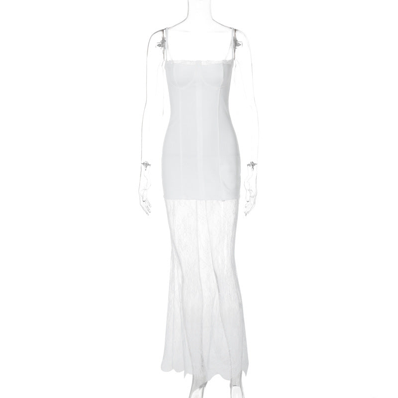 Vestido de moda feminino mais vendido da Amazon Export, vestido de alças longas em renda com alças translúcidas com ombros descobertos, ajustado e ajustado