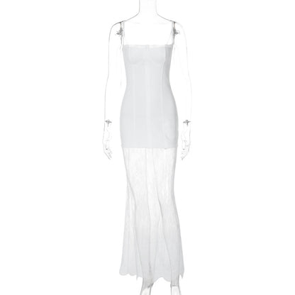 Vestido de moda feminino mais vendido da Amazon Export, vestido de alças longas em renda com alças translúcidas com ombros descobertos, ajustado e ajustado