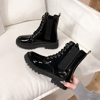 Botas femininas: Botas de salto redondo com salto redondo de salto médio, sapatos femininos em couro verniz coreano de outono 2025, botas Martin confortáveis