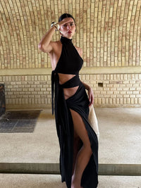 Vestido atravessado Amazon, ao estilo europeu e americano, novo, sexy, de retalhos sem costas sem costas, com abertura longa, vestido halter para mulheres