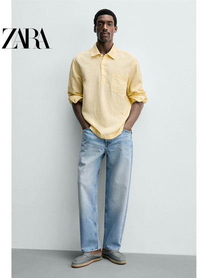 ZARA 2026 Primavera/Verão Sapatos Masculinos com Detalhes de Aba no Bolso, Tecido de Algodão, Sola de Linho, 2751720 400