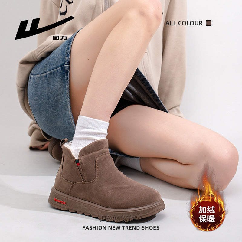 Botas de neve quentes forradas a lã guerreira, sapatos de algodão de inverno simples e de sola espessa, elegantes e versáteis para viagens ao ar livre