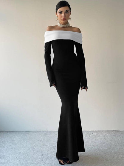 Moda clássica francesa, com blocos de cor, vestido comprido sem mangas e ajustado à anca, ajustado à anca, para exportação por grosso