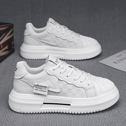 Sapatos masculinos com bico em conca, ténis novos de sola grossa da primavera 2025, sapatos desportivos casuais e na moda, sapatos brancos masculinos que aumentam a altura