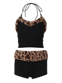 Conjunto de Novo Estilo Europeu e Americano: Alças Sem Alças Doces e Picantes que Apertam a Cintura, Calções Justos, Conjunto Feminino de Duas Peças com Estampado de Leopardo Plush