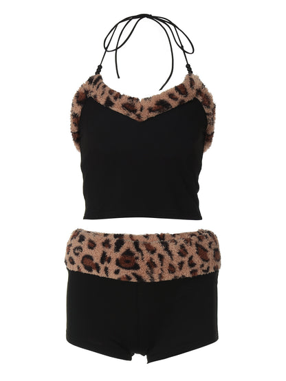 Conjunto de Novo Estilo Europeu e Americano: Alças Sem Alças Doces e Picantes que Apertam a Cintura, Calções Justos, Conjunto Feminino de Duas Peças com Estampado de Leopardo Plush
