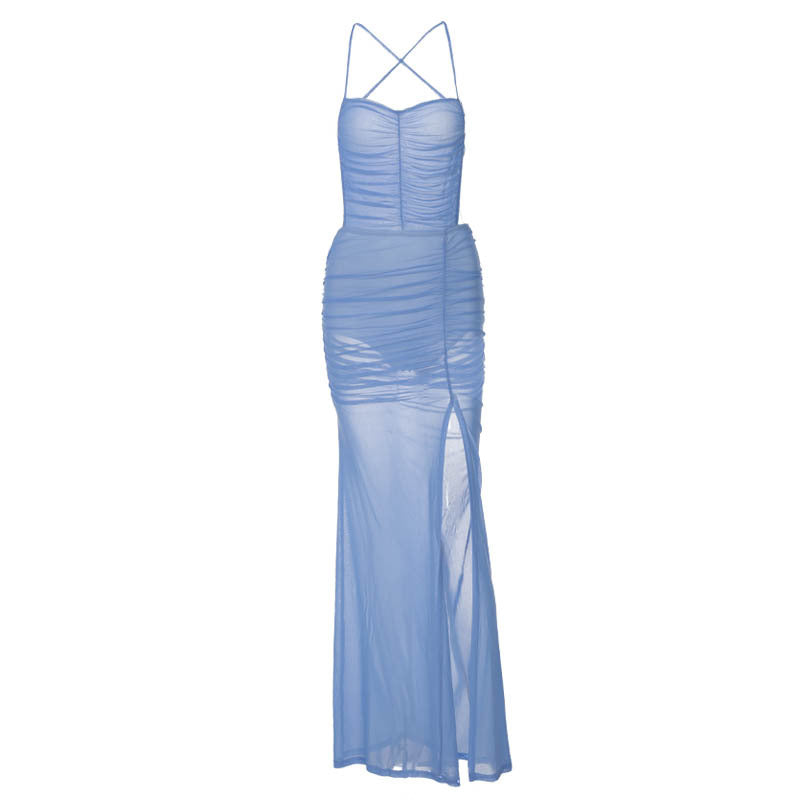 Europa & América 2026 Verão 2026 Vestido Feminino Quente de Alças Finas Cor Lisa Com Fendas Sem Costas na Amazon Dropshipping Comércio Exterior Grossista