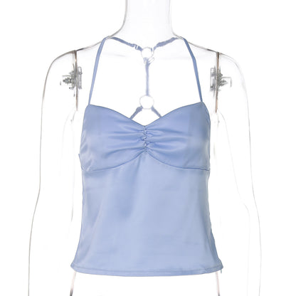 Top ultra-curto, estilo INS europeu e americano da Amazon, sexy patchwork de costas nuas, estilo rapariga quente, estilo rapariga quente, decote halter ultracurto e busto