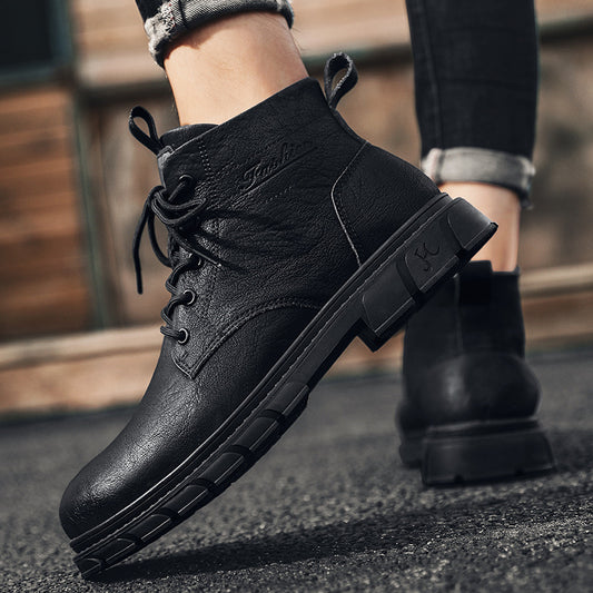 Martin Boots Calçado de trabalho masculino Outono 2024 Novos Sapatos de Trabalho Casuais Pretos Puros Pretos Médios de Estilo Britânico