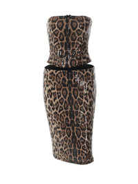 Conjunto de bestsellers transfronteiriços da Amazon, gravata de retalhos com padrão de leopardo da moda, corte sem alças e sem alças, saia de lantejoulas ajustada ao quadril de comprimento médio para mulheres