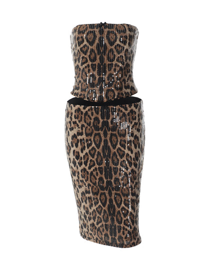 Conjunto de bestsellers transfronteiriços da Amazon, gravata de retalhos com padrão de leopardo da moda, corte sem alças e sem alças, saia de lantejoulas ajustada ao quadril de comprimento médio para mulheres