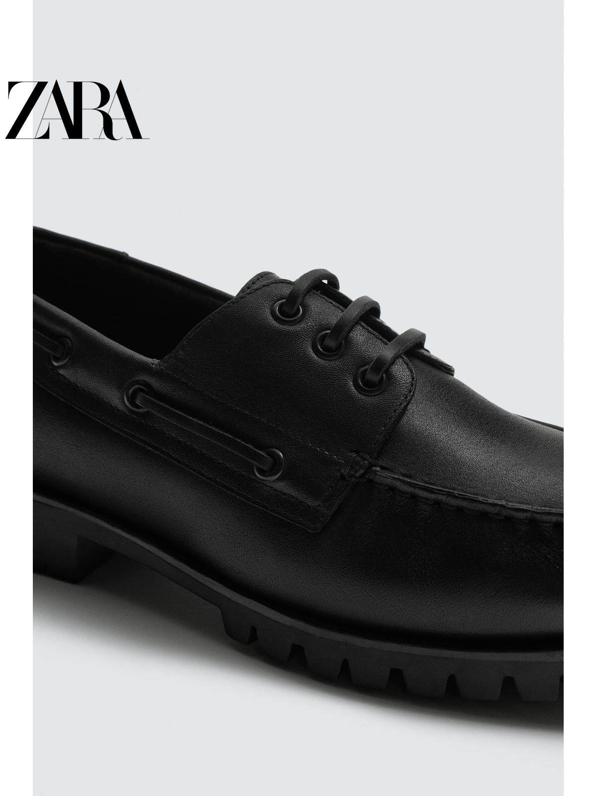 Sapatos masculinos ZARA Primavera/Verão 2026, cabedal em couro liso preto, bico redondo, estilo náutico, 2496720 800