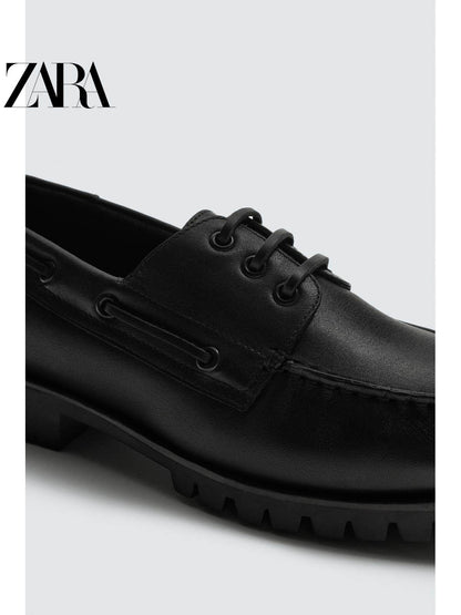 Sapatos masculinos ZARA Primavera/Verão 2026, cabedal em couro liso preto, bico redondo, estilo náutico, 2496720 800