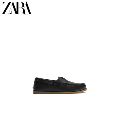 Sapatos masculinos ZARA Primavera/Verão 2026, cabedal em couro liso, bico redondo, estilo náutico, 2438720 800