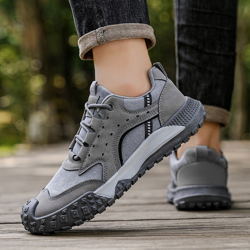 Sapatos masculinos de sola espessa outono 2025, antiderrapantes e resistentes ao uso, sapatos de proteção para obras de obra, sapatos desportivos para atividades ao ar livre masculinos