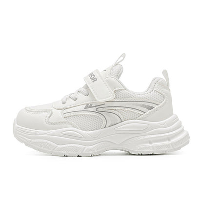 Sapatos infantis de rede Warrior spring novos e respiráveis, cor sólida, sapatos brancos simples e versáteis de sola grossa, ténis modernos para o exterior
