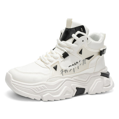 Sapatos masculinos de cano alto 2025 nova marca de outono na moda, ténis desportivos casuais versáteis, ténis brancos de pai com sola grossa e aumento de altura