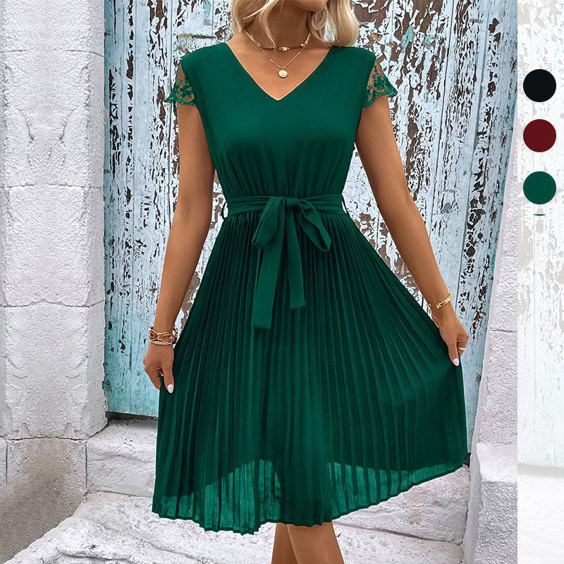 Amazon Vestido Feminino Transfronteiriço de Comércio Externo 2024 Novo Vestido Feminino Transfronteiriço Europeu e Americano em Retalhos de Cor Sólida Plissado