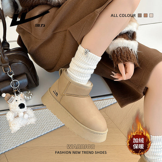 Sapatos largos de sola grossa, botas de neve em pele quentes com superfície de pele, botas de neve guerreiras, botas novas de inverno forradas a polar, sapatos minimalistas de algodão de cor sólida para mulheres