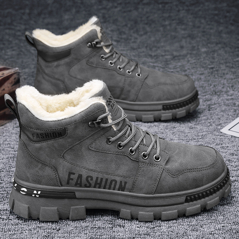 Botas de neve masculinas, botas de algodão espessas forradas a polar para o inverno 2025, sapatos masculinos resistentes ao frio, sapatos quentes de algodão, botas Martin masculinas