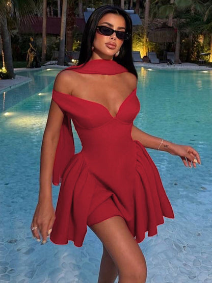 Vestido europeu e americano de decote em V de cor sólida com fita para mulheres, verão 2026 nova saia curta ajustada e bufante