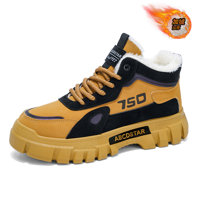 Sapatos de caminhada de trabalho de cabo alto forrados a polar de inverno 2025, botas desportivas de algodão de neve resistentes ao desgaste masculino