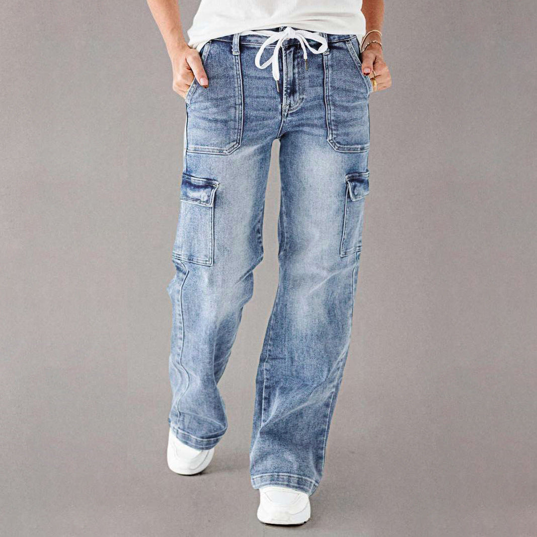 Em Stock Europeu e Americano Outono 2025 Novos Jeans de Atacadores para Mulher, Calças de trabalho casuais largas de perna direita, Lavadas