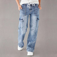 Em Stock Europeu e Americano Outono 2025 Novos Jeans de Atacadores para Mulher, Calças de trabalho casuais largas de perna direita, Lavadas